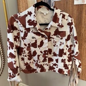 Fringe cow print denim jacket